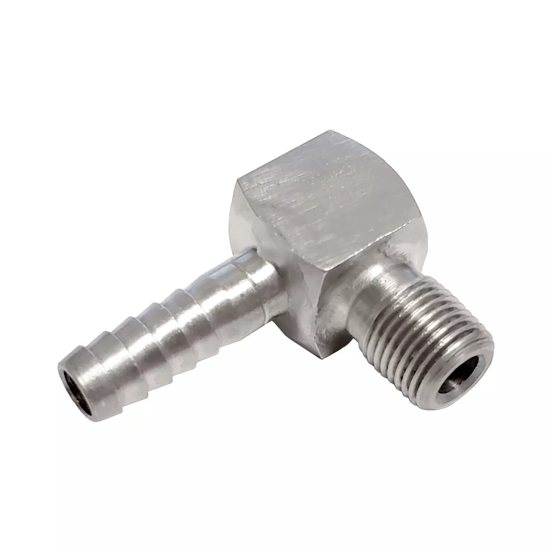 90° Adapter – 304 Stainless Steel – 1/4″ Hose Barb X 1/8″Male Pipe Thread (MPT)
