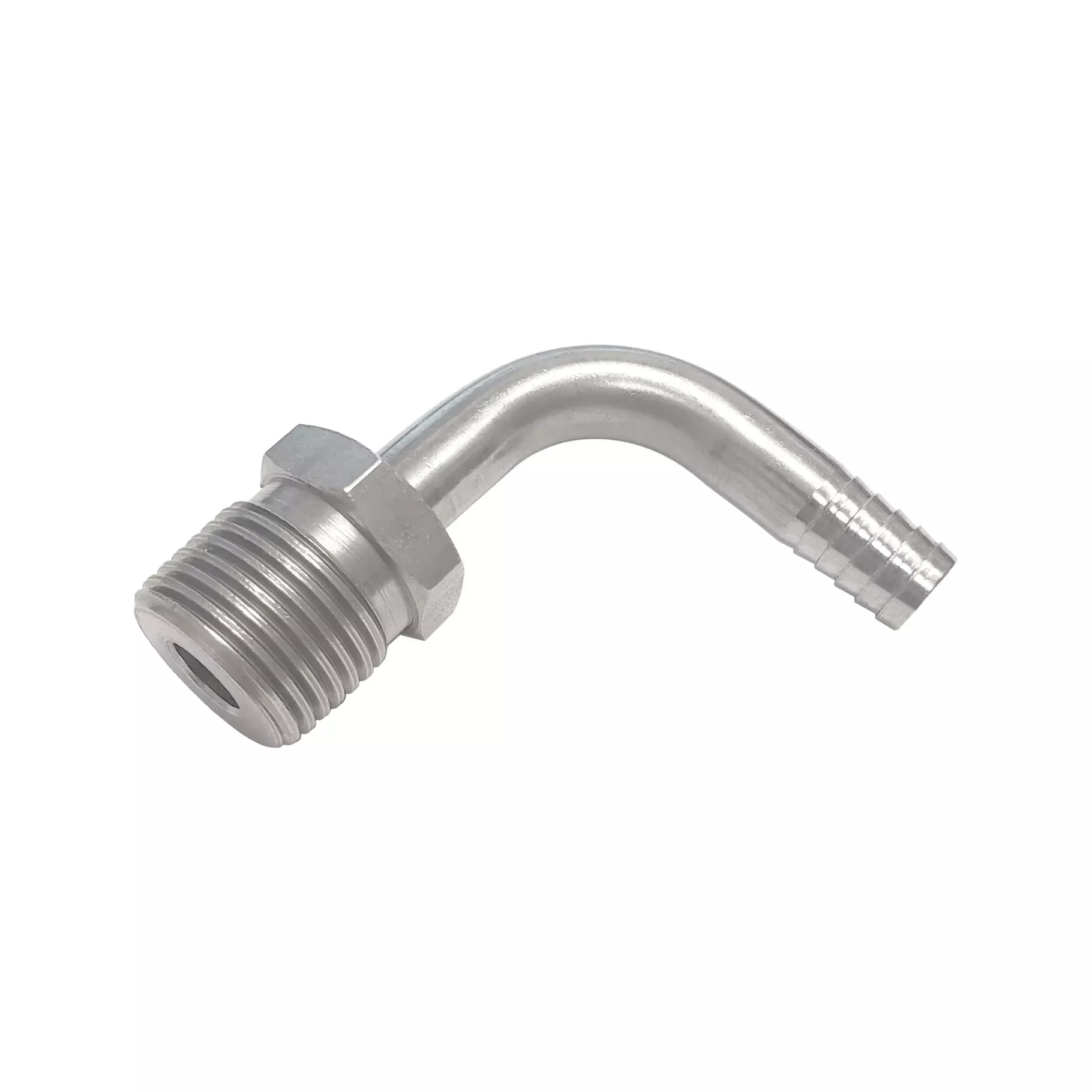 90° Adapter – 304 Stainless Steel – 3/8″ Hose Barb X 1/2″Male Pipe Thread (MPT)
