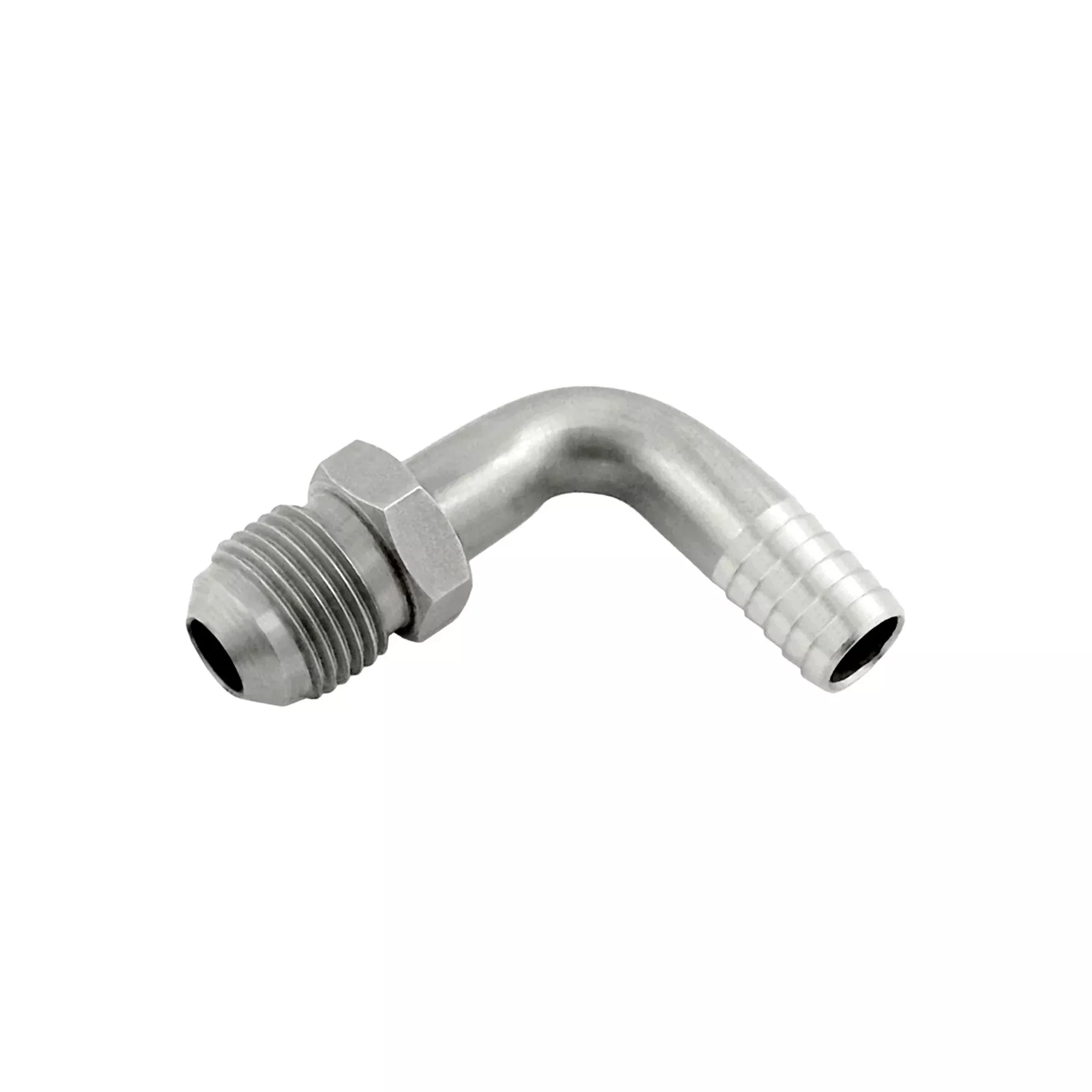 90° Adapter – 304 Stainless Steel – 3/8″ Hose Barb X 3/8″Male Flare (MFL)
