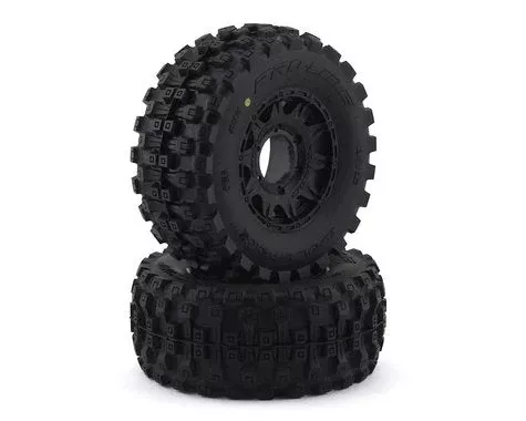 Badlands MX28 Belted 2.8″ M2 Compound Premounted Tires with 6×30 Black Raid Wheels for 1/10 Monster Truck (2) (PRO1017410)