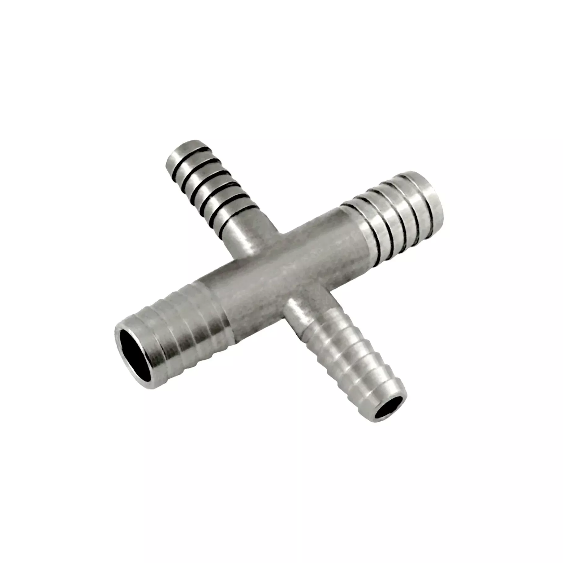 Cross – 304 Stainless Steel – 3/8″ Hose Barb Across X 1/4″ Hose Barb Down