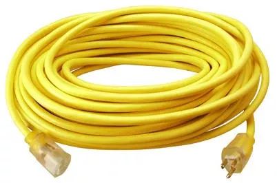 Extension Cord, 12/3, Sjtw, Yellow Round Vinyl, Lighted End, 25-ft.