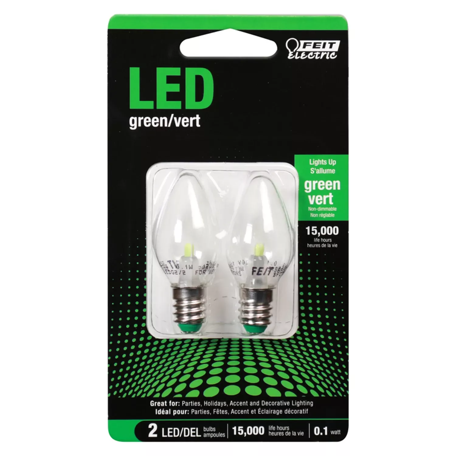 Feit C7 E12 (candelabra) Led Bulb Green 0 Watt Equivalence 2 Pk
