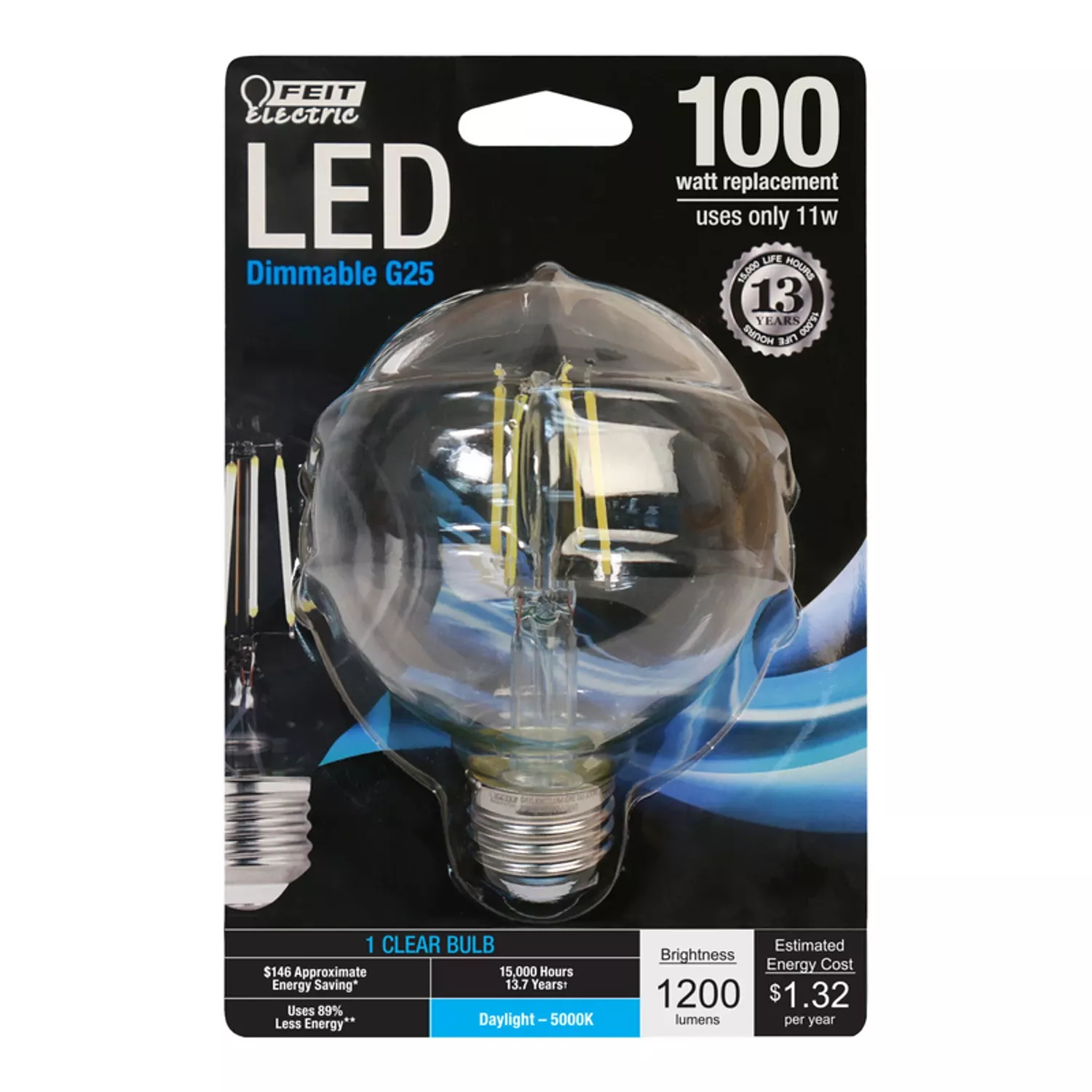 Feit G25 E26 (medium) Filament Led Bulb Daylight 100 Watt Equivalence 1 Pk