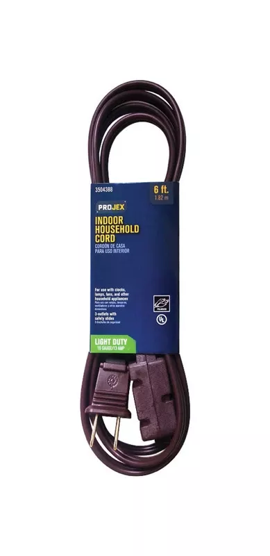 Indoor 6 Ft. Brown Extension Cord 16/2 Spt-2 With 3 Outlets