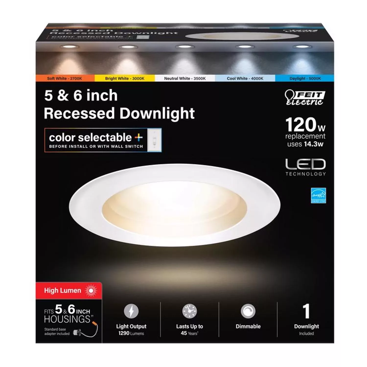Led Recessed Downlight, Color Selectable, 14.3 Watt, 5 - 6 In.