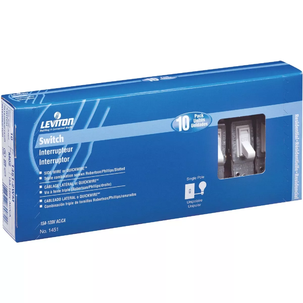 Leviton 15 Amps Single Pole Toggle Ac Quiet Switch Ivory 10 Pk