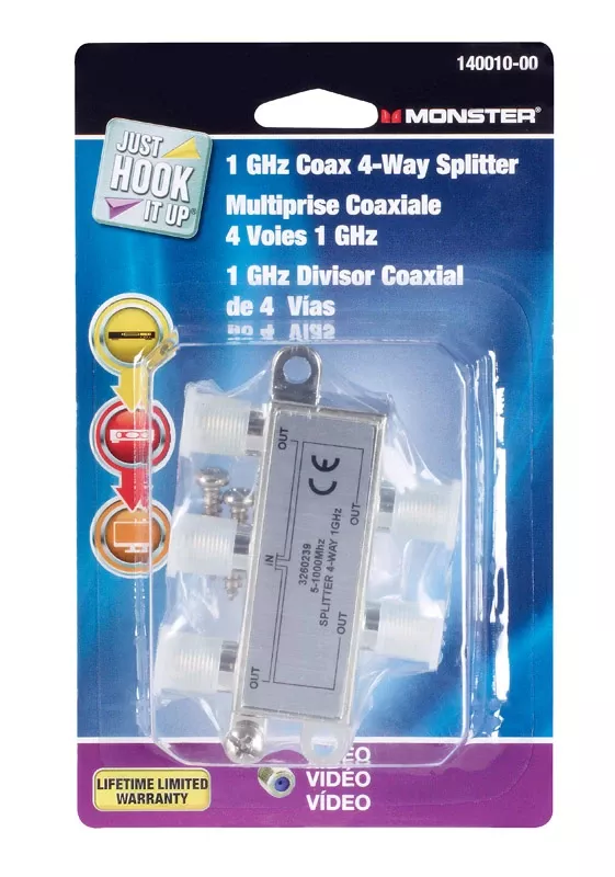 Monster Just Hook It Up 4 Way Coax Splitter 75 Ohm 1000 Mhz 1 Pk