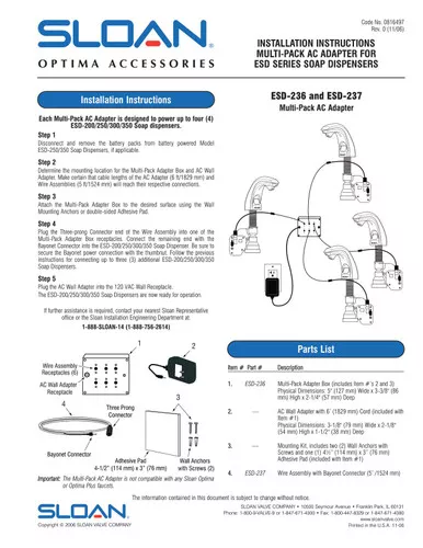 SLOAN ESD236 MULTI PACK AC ADAPTER KIT 0346046
