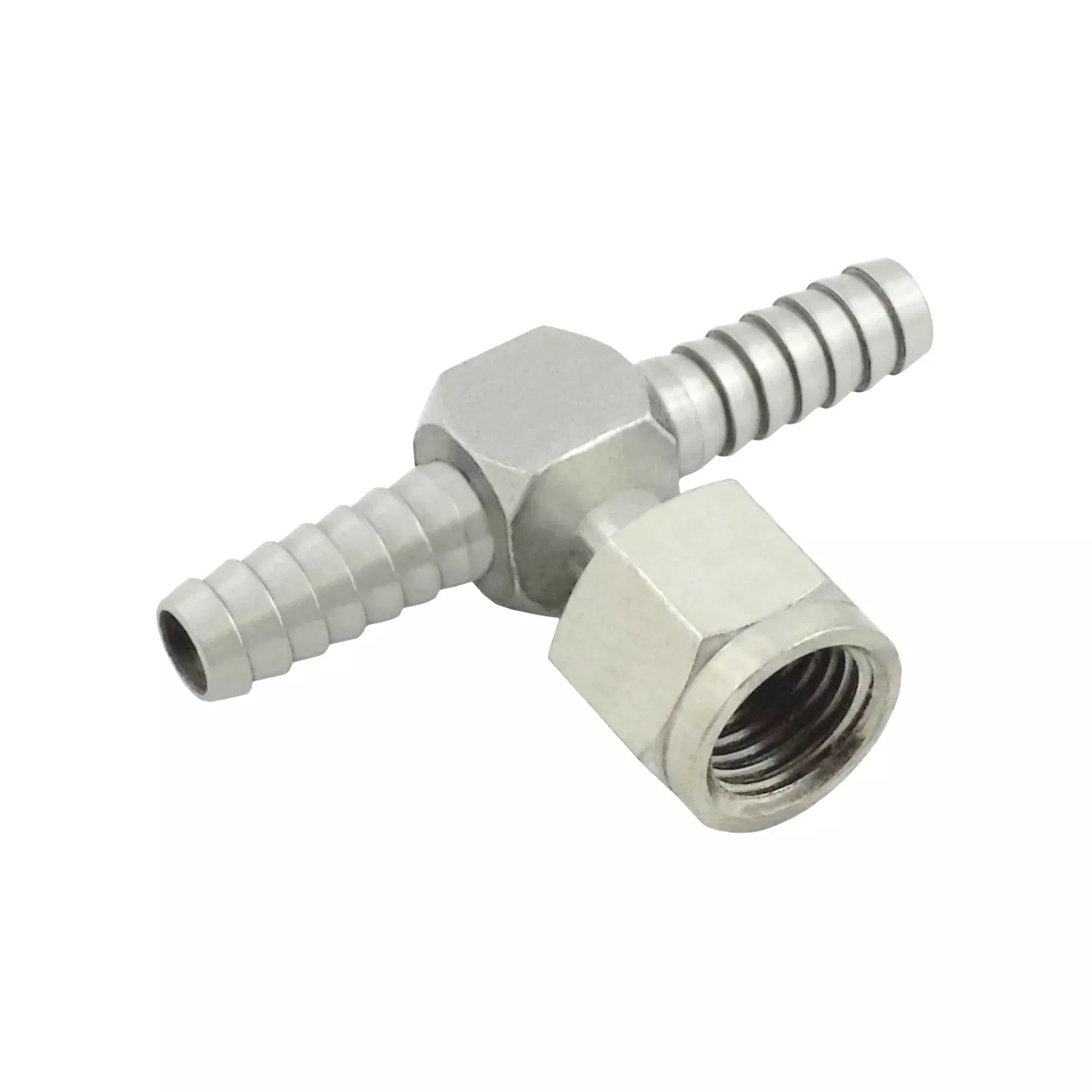 Swivel Tee – 304 Stainless Steel – 1/4″ Hose Barb X 1/4″ Hose Barb X 1/4″Female Flare (FFL)-Swivel Nut