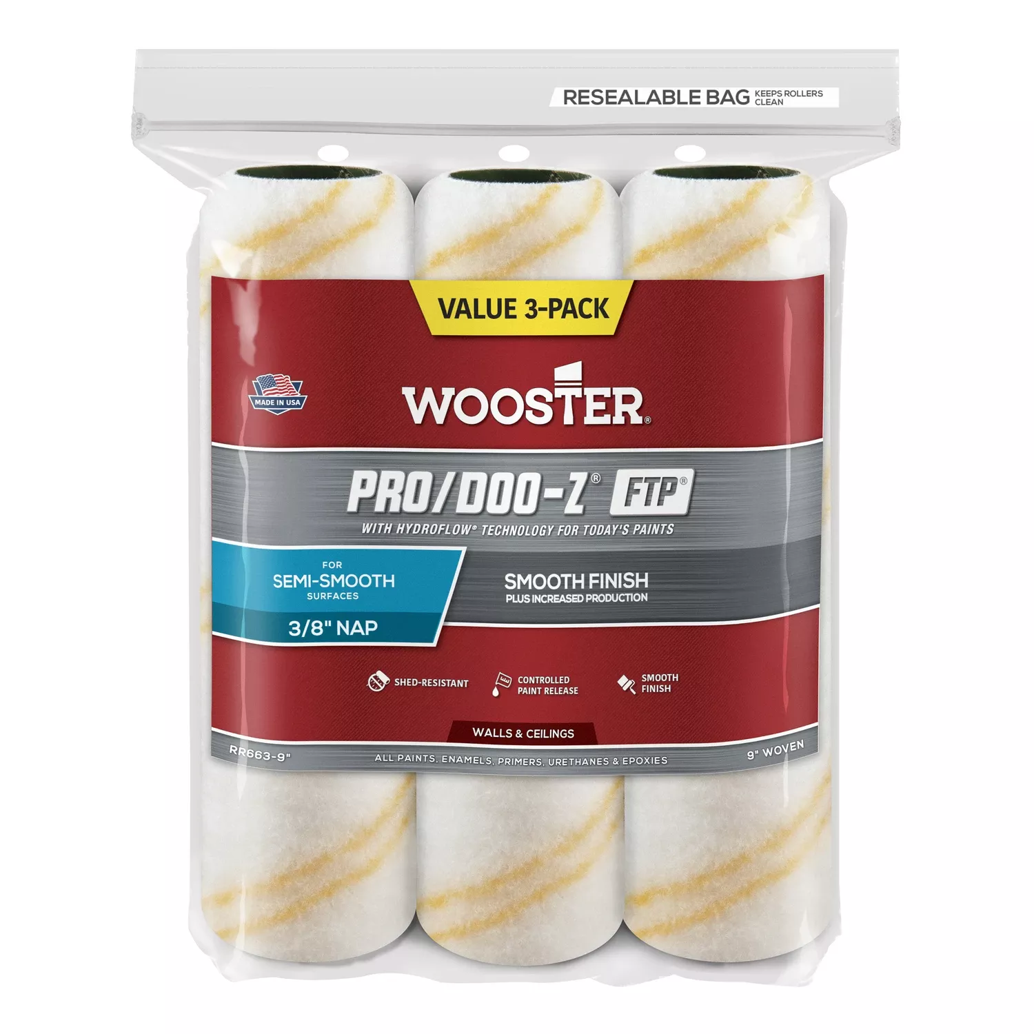 Wooster Pro/doo-z Ftp Synthetic Blend 9 In. W X 3/8 In. Paint Roller Cover 3 Pk
